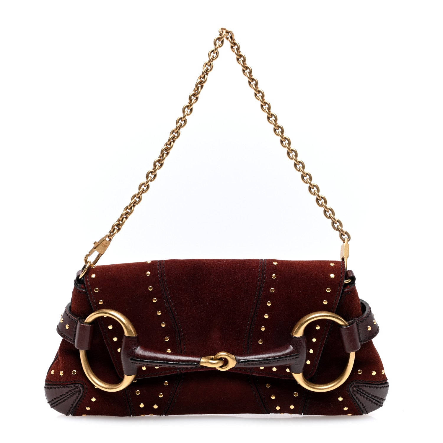Gucci Suede Studded Horsebit Clutch Bag Burgundy 1 of 10