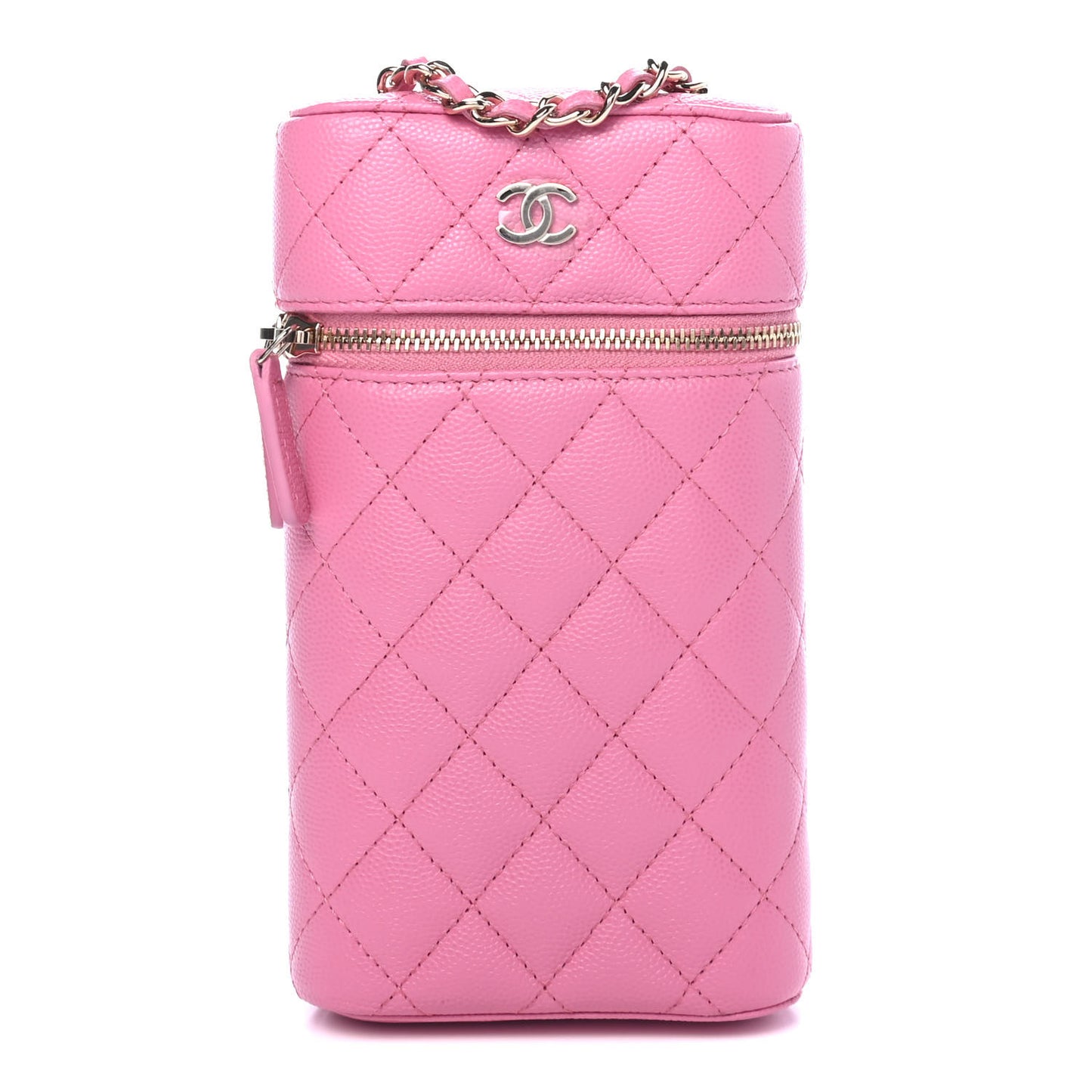 Caviar Quilted Phone Holder With Chain Pink