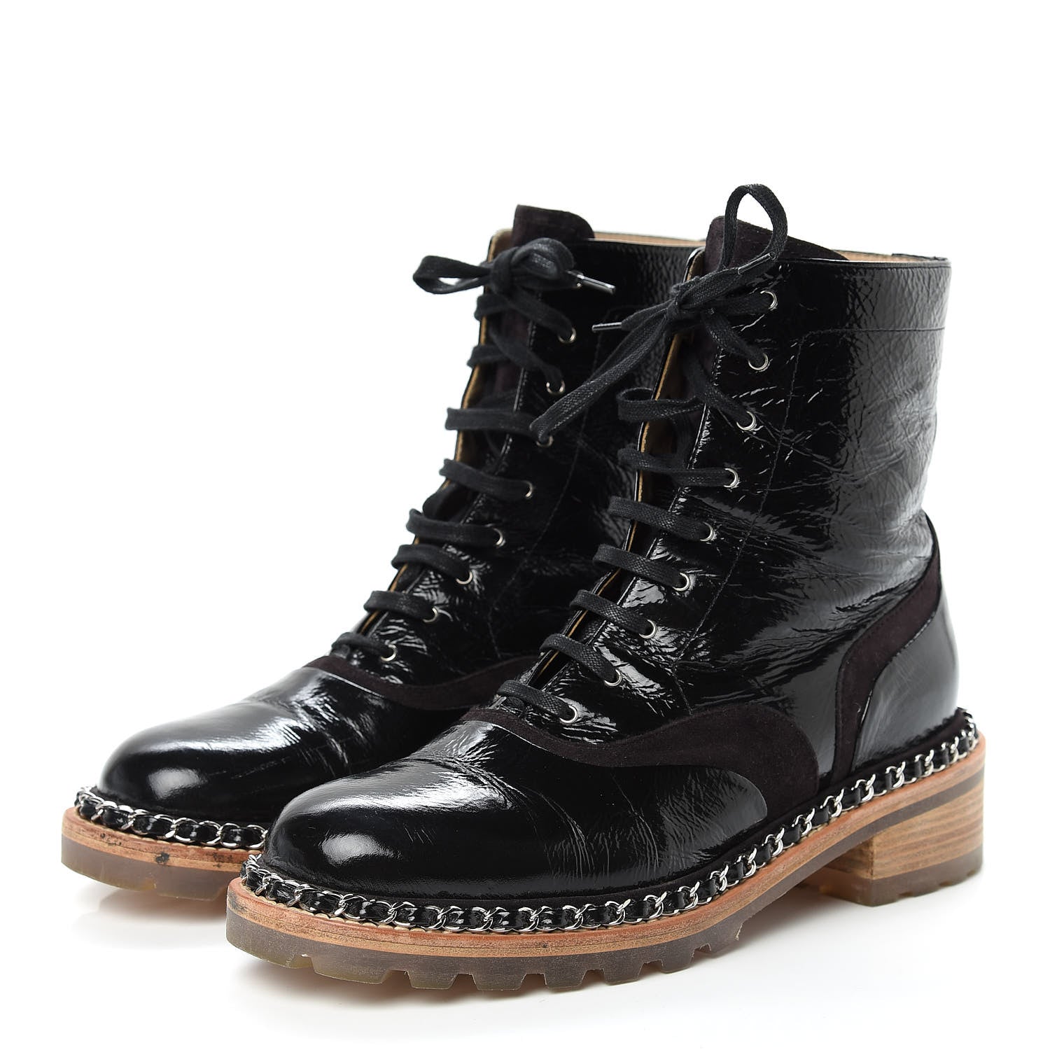 Chanel Patent Lace Up Chain Boots 38.5 Dark Brown 3 of 14