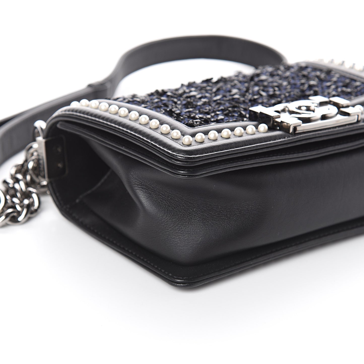 Calfskin Pearl Tweed Small Boy Flap Black