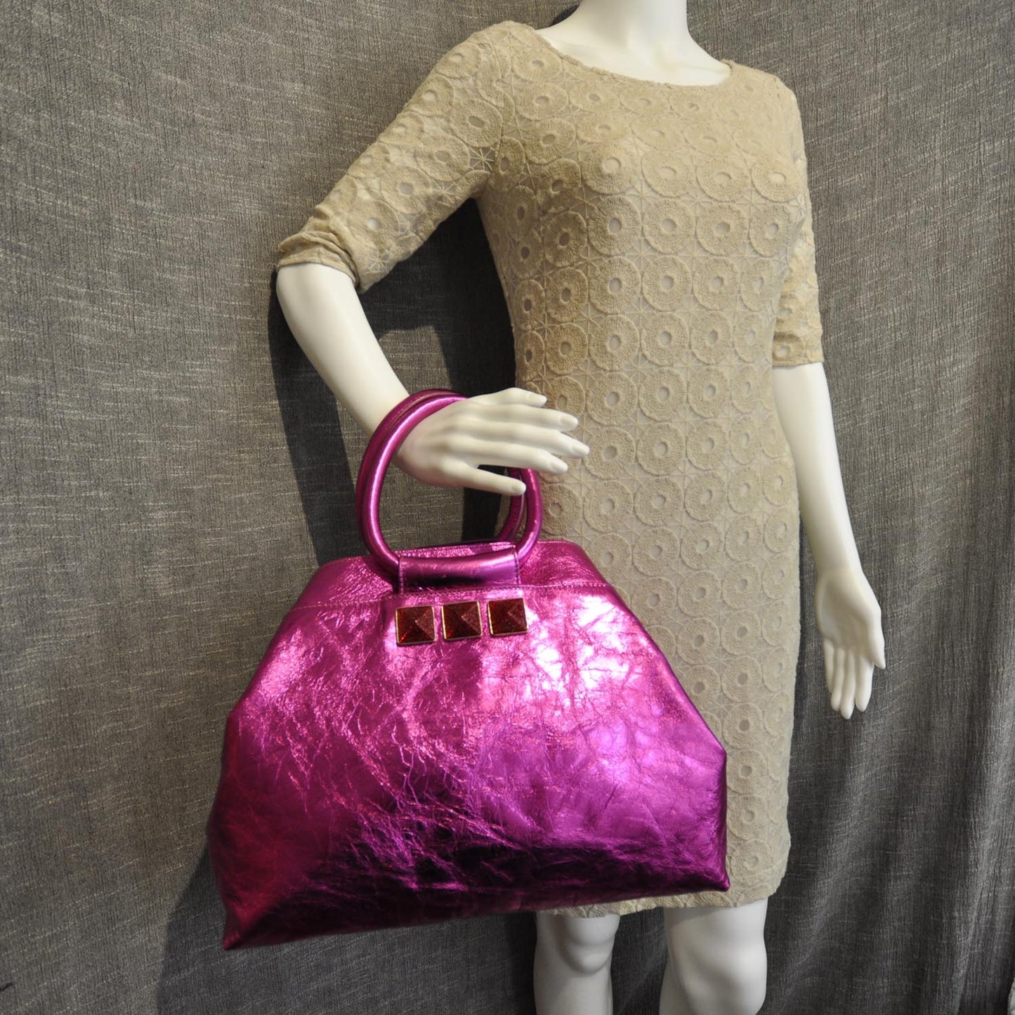 Crinkled Leather Cruise Tote Metallic Fuchsia