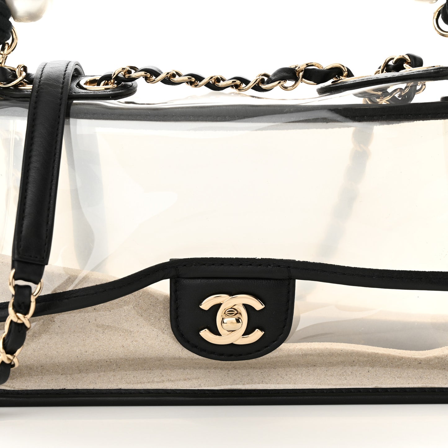 Lambskin PVC Sand By The Sea Flap With Pearl Strap Black