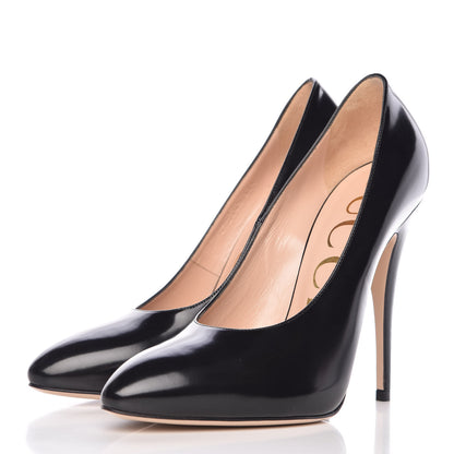 Gucci Polished Calfskin Removable Pearly Bow Elaisa Platform High Heel Pumps 37.5 Black 6 of 12