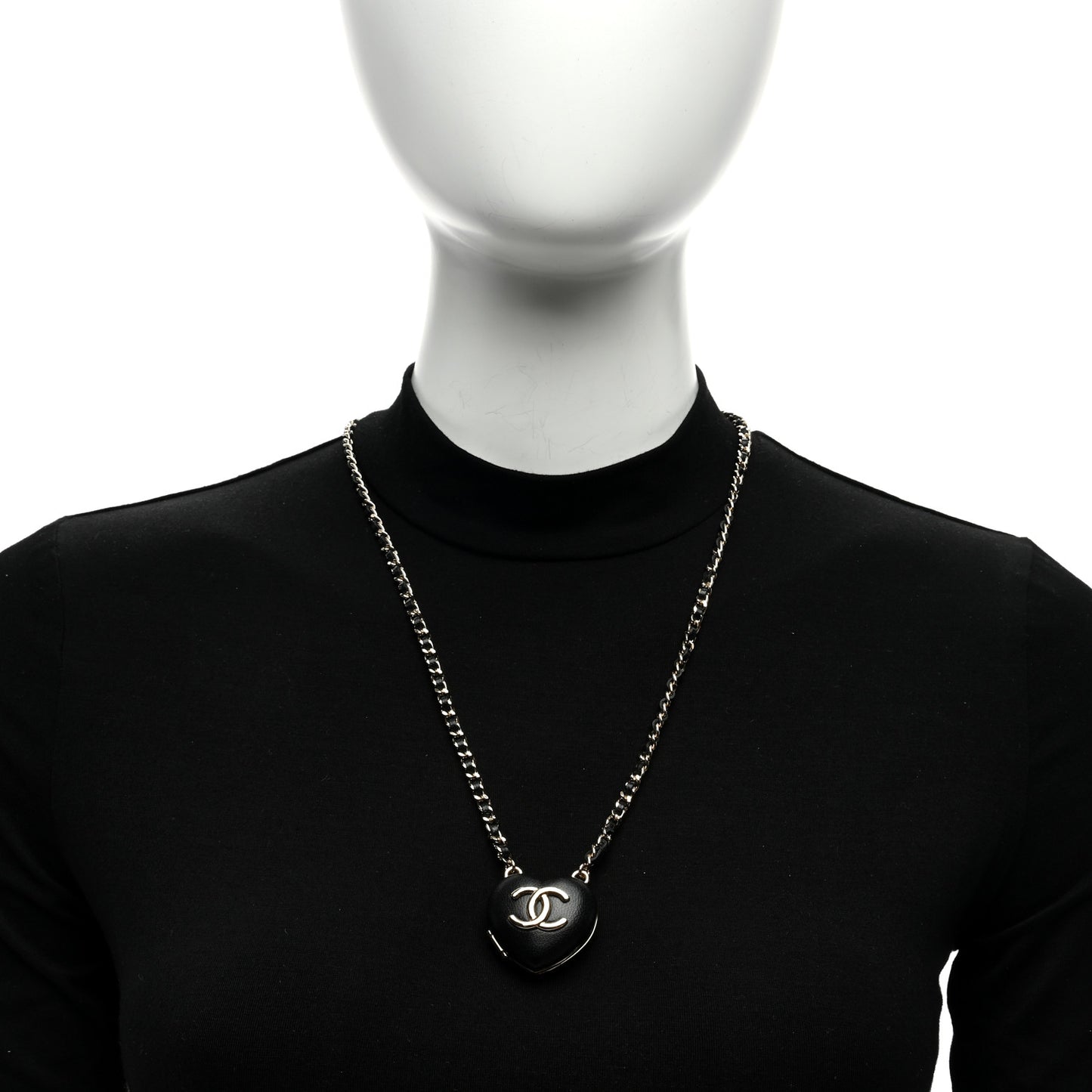 Lambskin CC Heart Mirror Locket Necklace Gold Black