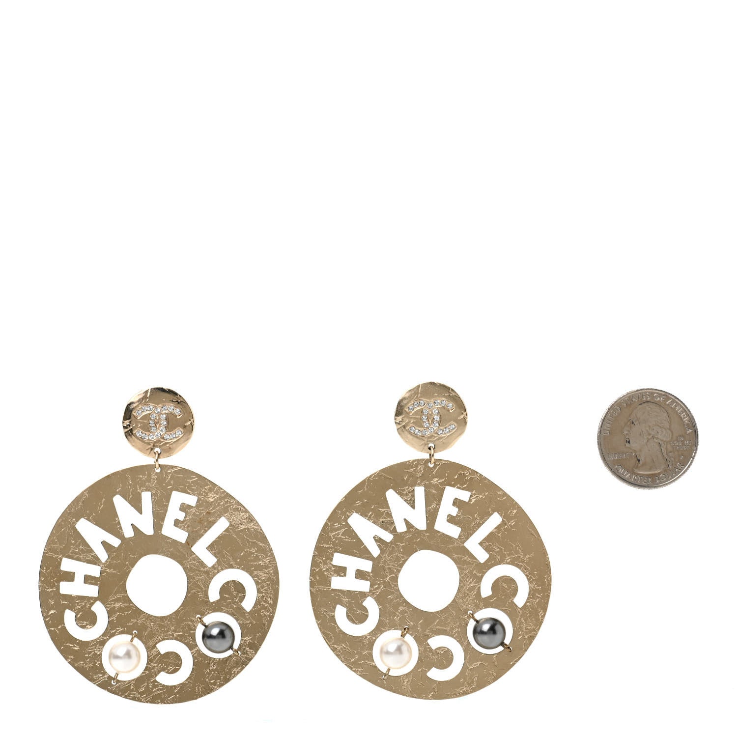 Chanel Crystal Pearl CC Papyrus Drop Earrings Gold Grey 2 of 4