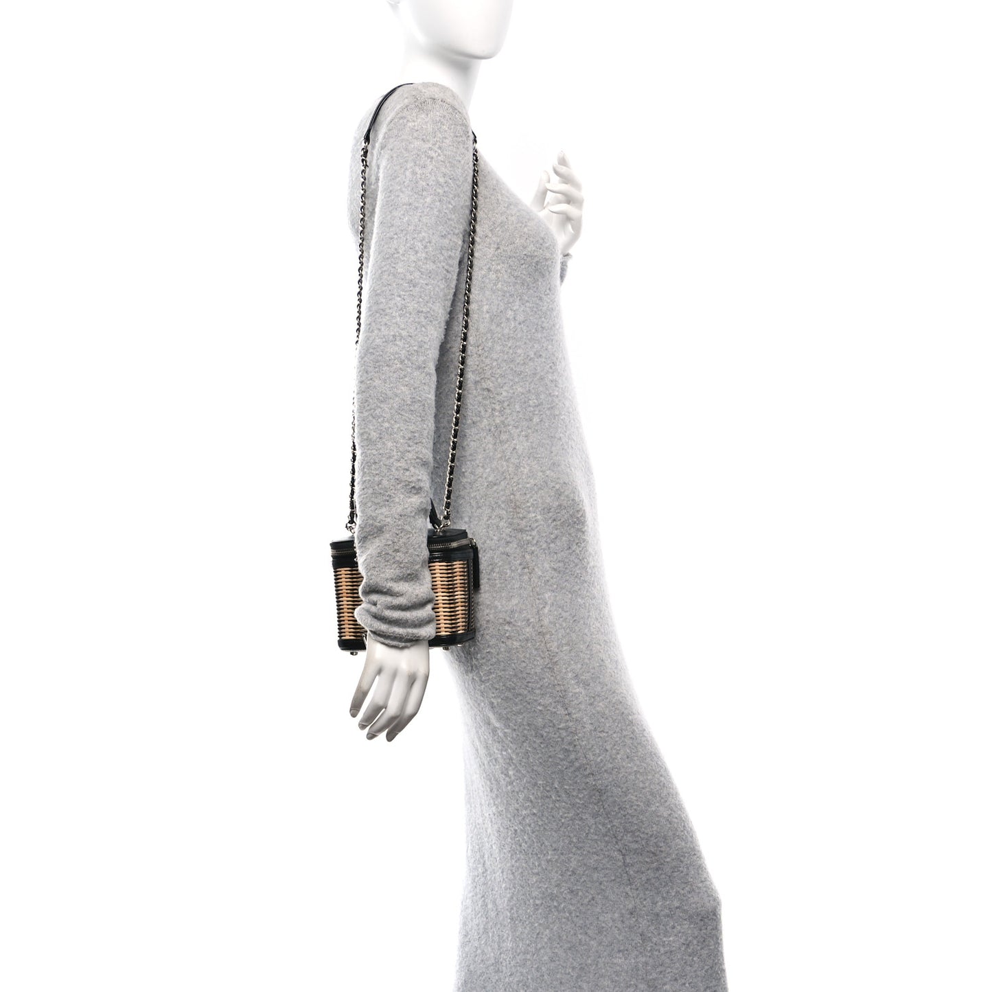 Calfskin Raffia Small Vanity Case Bag Black Beige
