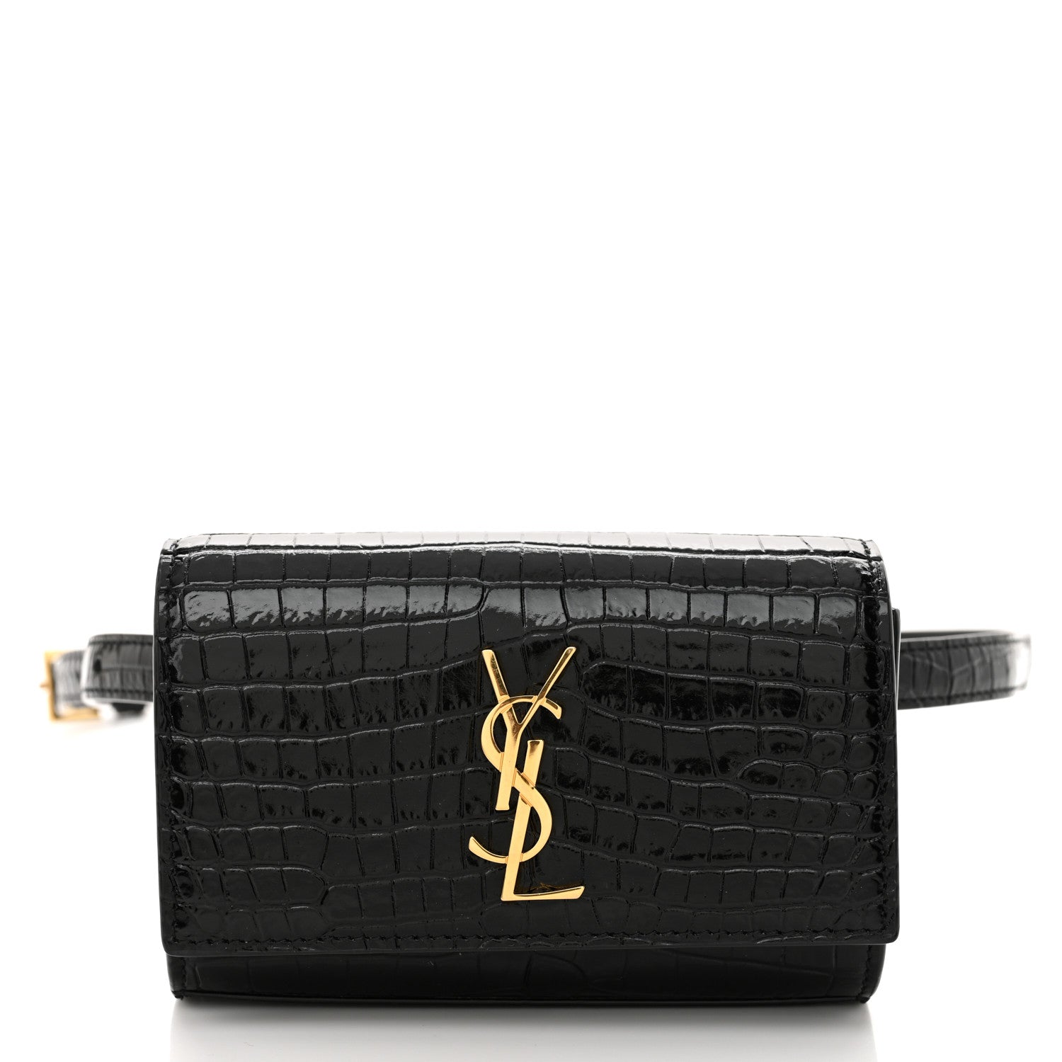 Saint Laurent Calfskin Crocodile Embossed Monogram Kate Belt Bag Black 1 of 9