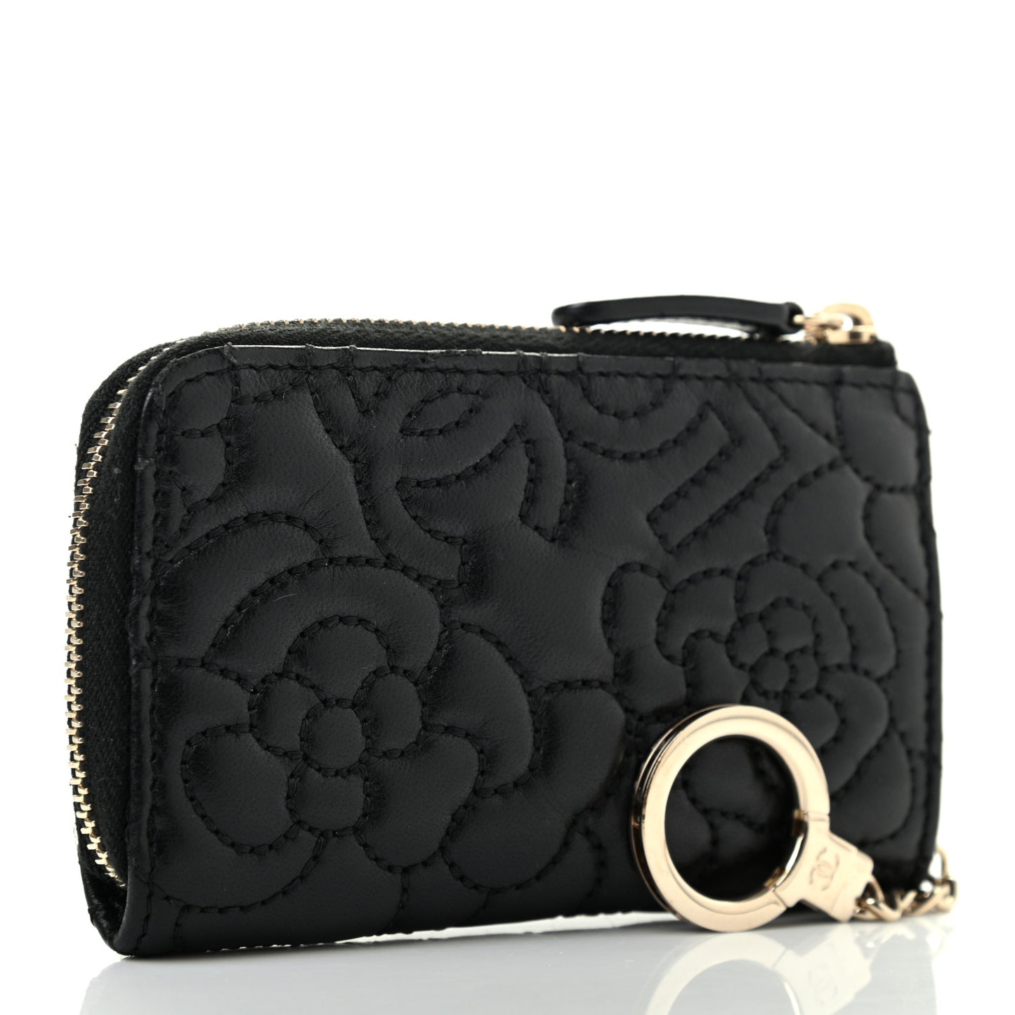 Lambskin Camellia Embossed Key Holder Case Black