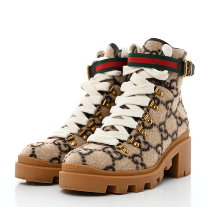 Gucci Covered Wool Big GG Monogram Womens Lace Up Combat Ankle Boots 38 Beige Ebony Cocoa 3 of 8