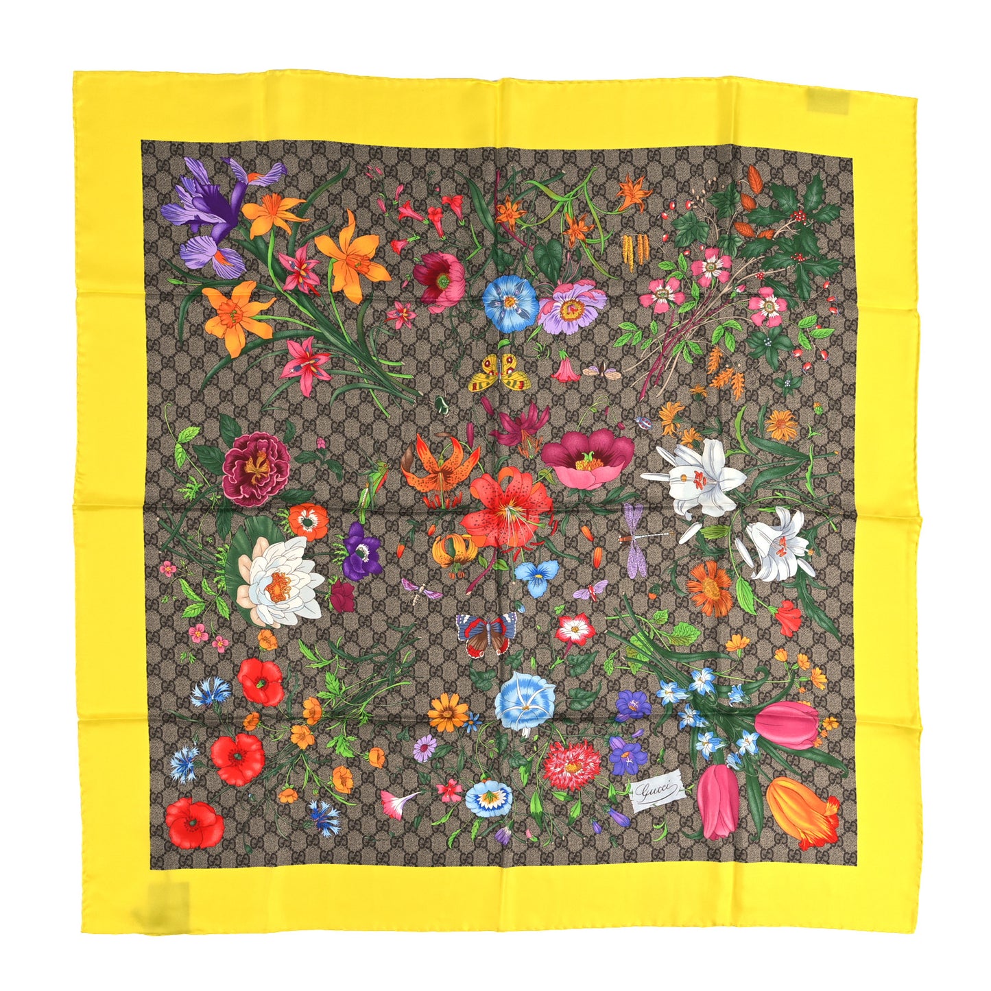 Silk Twill GG Monogram Flora Fluo GG Square Scarf Beige Yellow