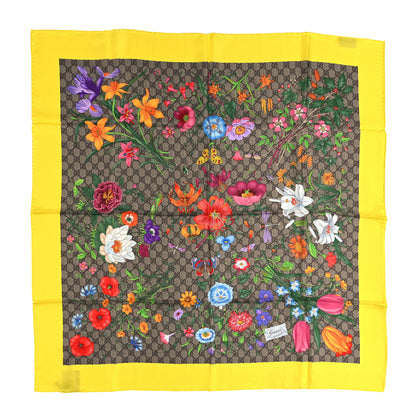 Gucci Silk Twill GG Monogram Flora Fluo GG Square Scarf Beige Yellow 1 of 4