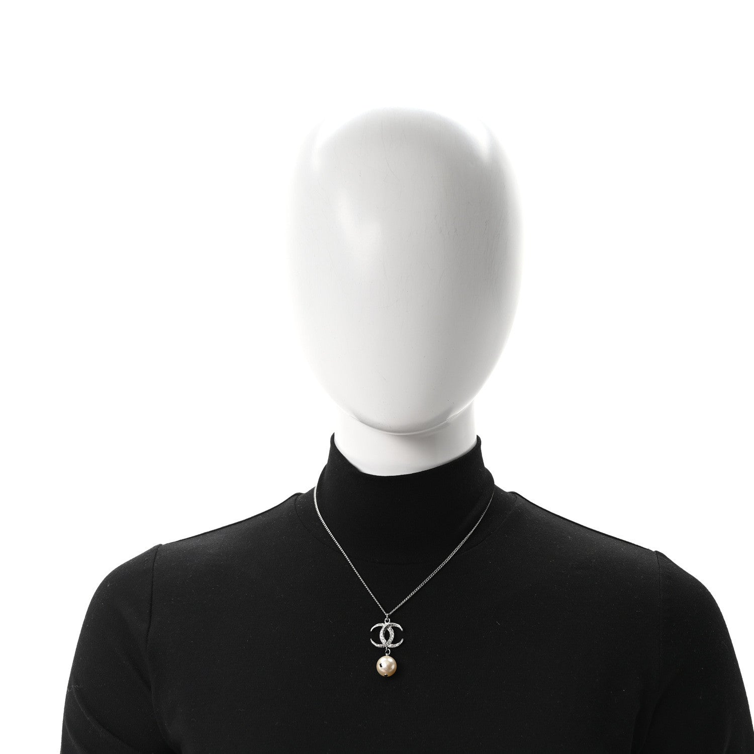 Chanel Crystal CC Pearl Drop Necklace Silver 2 of 5