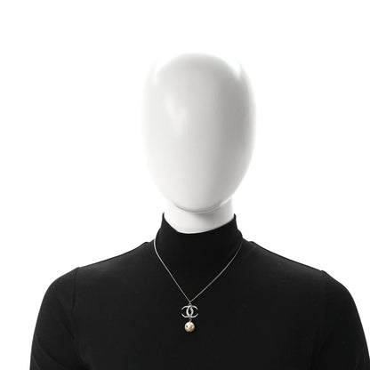 Chanel Crystal CC Pearl Drop Necklace Silver 2 of 5