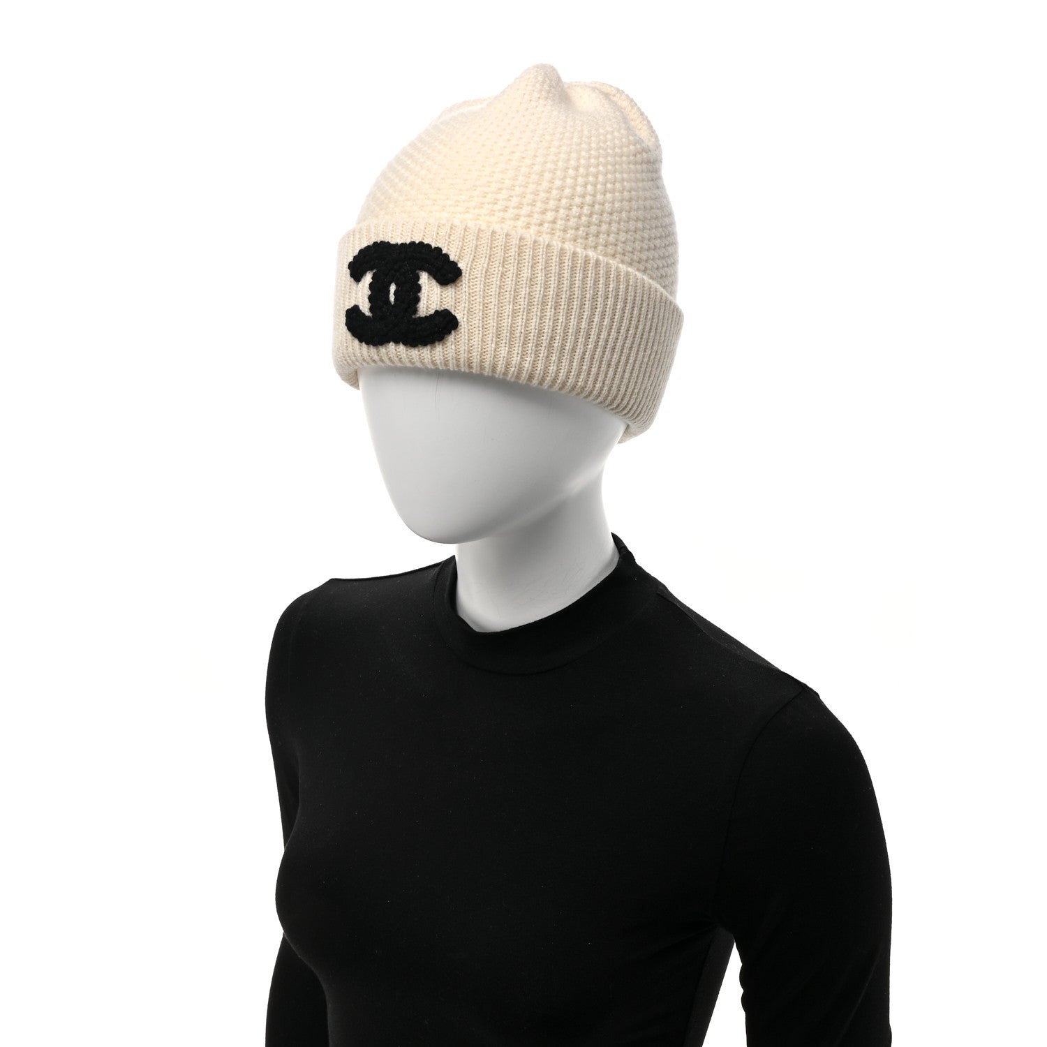 Chanel Wool Cashmere CC Beanie Hat Ivory Black 2 of 5