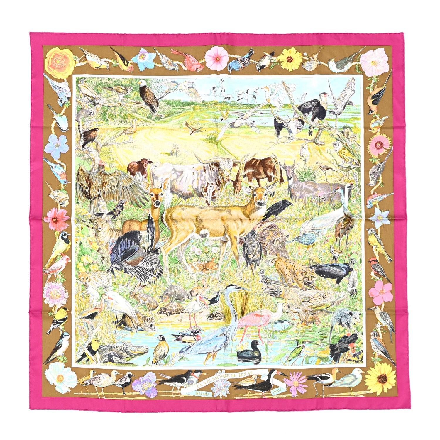 Hermes Silk La Vie Sauvage Du Texas Scarf 90 Rose Indien Tabac Vert 1 of 10