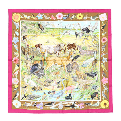 Hermes Silk La Vie Sauvage Du Texas Scarf 90 Rose Indien Tabac Vert 1 of 10