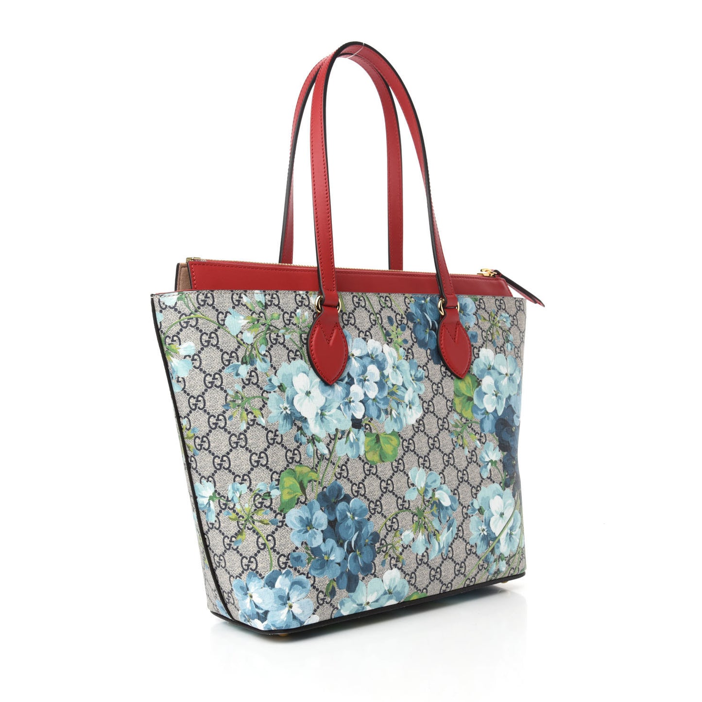 GG Supreme Monogram Blooms Medium Zippered Bucket Tote Beige Blue Navy Hibiscus Red