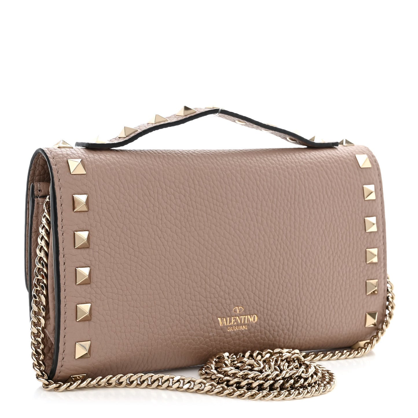 Pebbled Calfskin Rockstud Flip Lock Wallet On Chain Poudre