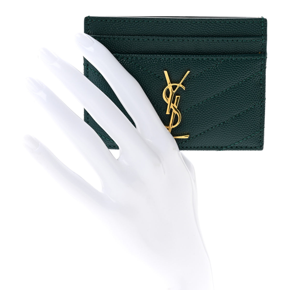 Saint Laurent Grain De Poudre Matelasse Chevron Monogram Credit Card Case Peacock Green 2 of 7