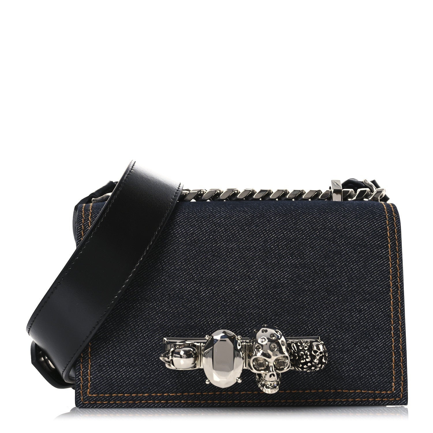 Alexander McQueen Denim Studded Jeweled Mini The Biker Knuckle Satchel Blue 1 of 10