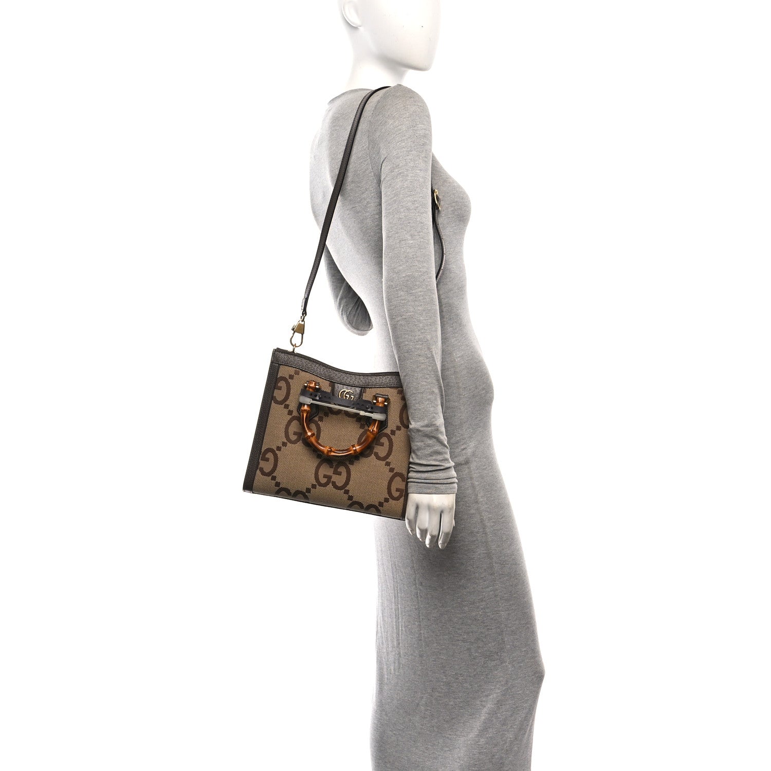 Gucci Monogram Jumbo GG Textured Dollar Calfskin Small Diana Tote Bag Camel Ebony New Acero Pomegranate Red Camel Ebony New Acero Pomegranate Red 2 of 11