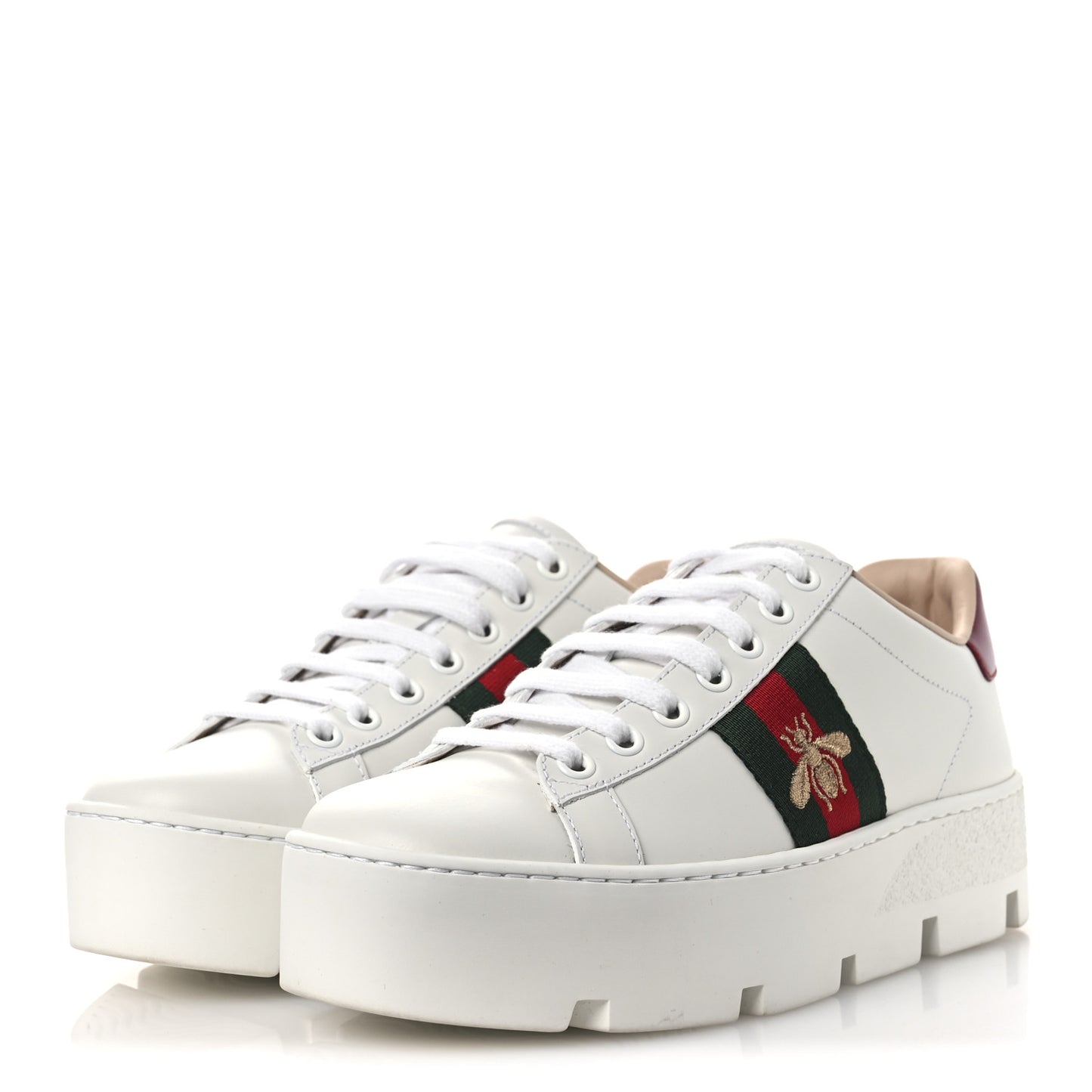 Calfskin Web Bee Embroidered Womens Ace Platform Sneakers 35.5 White
