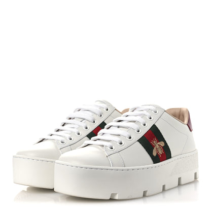 Gucci Calfskin Web Bee Embroidered Womens Ace Platform Sneakers 35.5 White 4 of 11