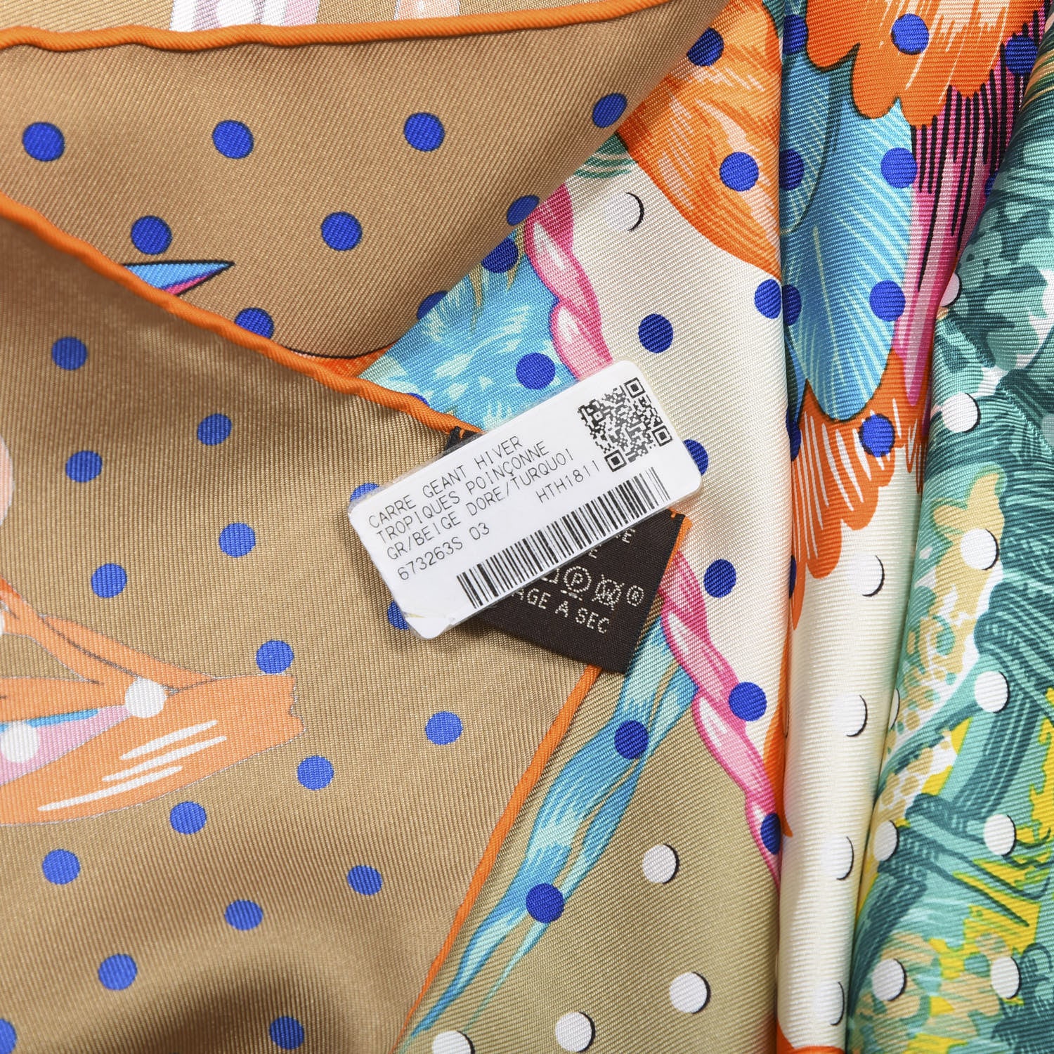 Hermes Silk Carre Tropiques Poinconne Shawl 140 Beige Dore Turquoise 6 of 7