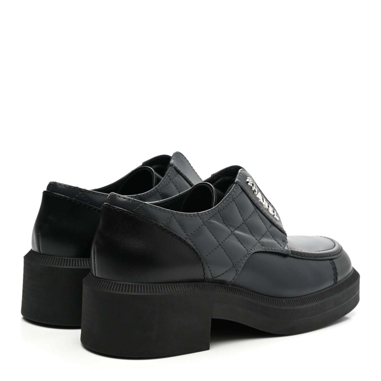 Calfskin Quilted Logo Lace Up Loafers 36 Black Grey