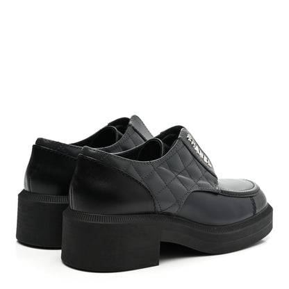 Chanel Calfskin Quilted Logo Lace Up Loafers 36 Black Grey 4 of 8