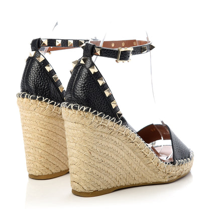 Valentino Garavani Grained Calfskin Rockstud Ankle Strap Espadrille 15/105mm Wedge Sandals 37 Black Light Cuir Natural 4 of 11