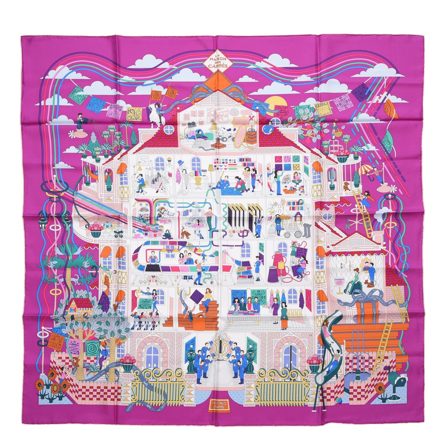 Hermes Silk La Maizeon des Carres Scarf 90 Fuchsia Blanc Multicolore 1 of 7