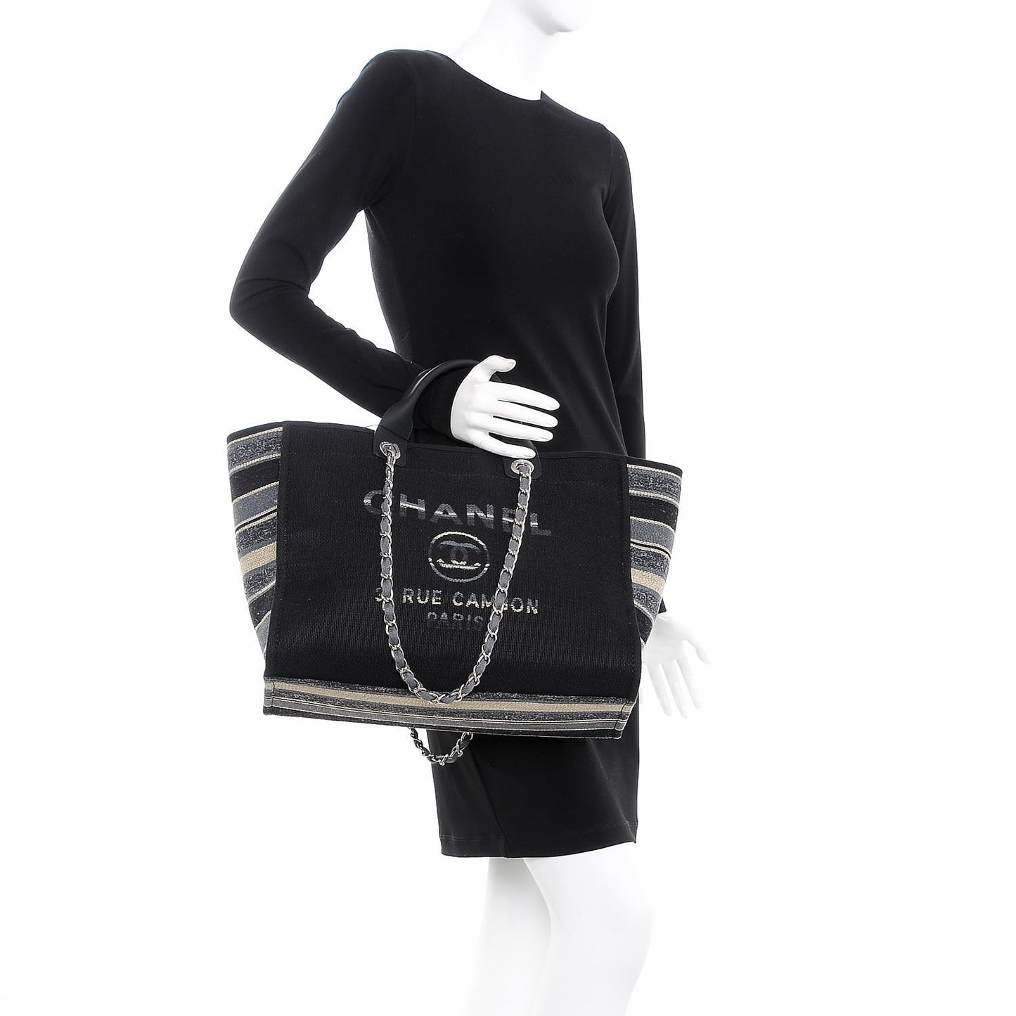 Striped Canvas Medium Deauville Tote Grey Black