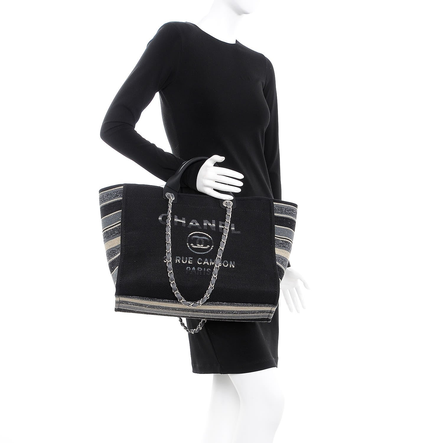 Chanel Striped Canvas Medium Deauville Tote Grey Black 3 of 8