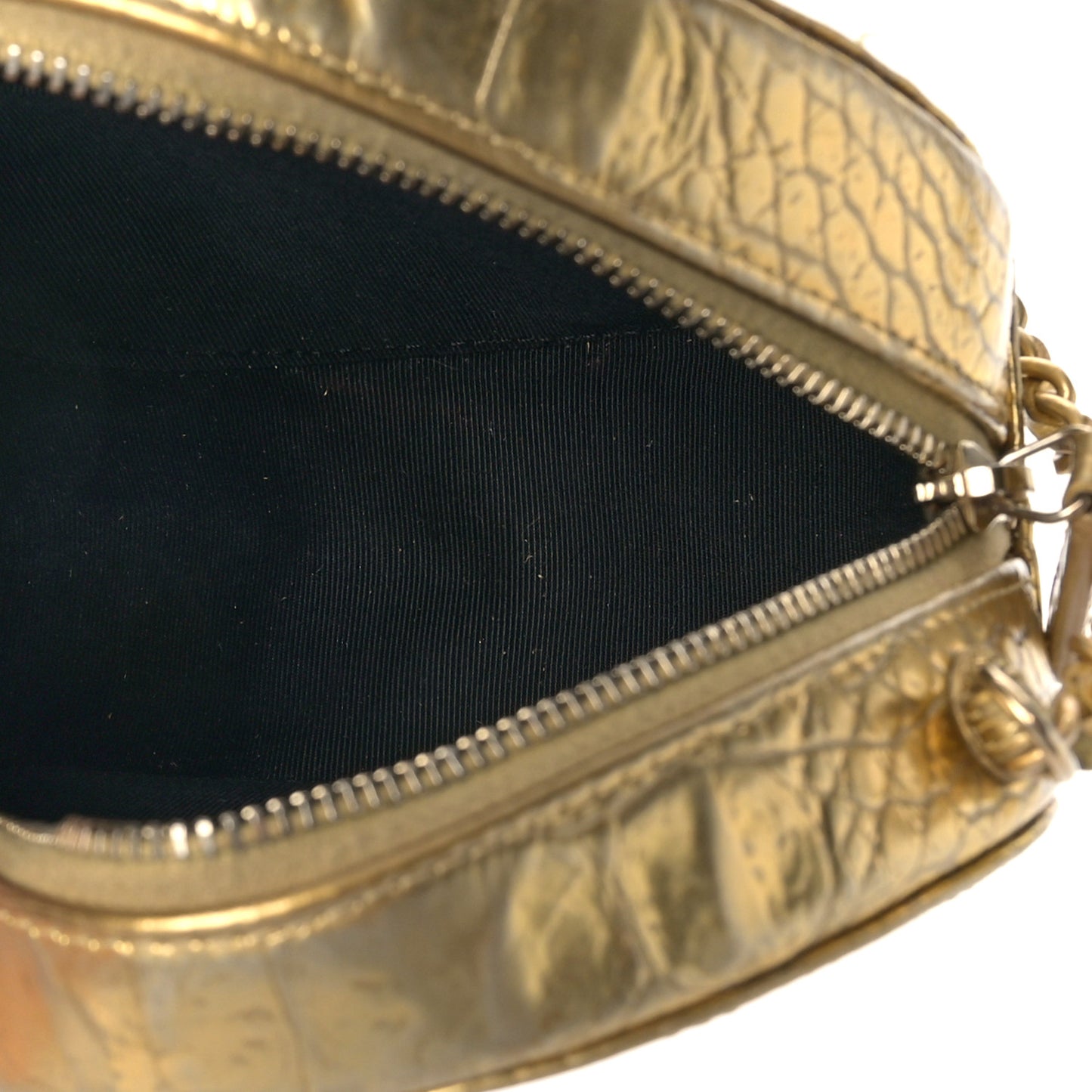 Metallic Calfskin Crocodile Embossed Cocodile Round Clutch with Chain Gold