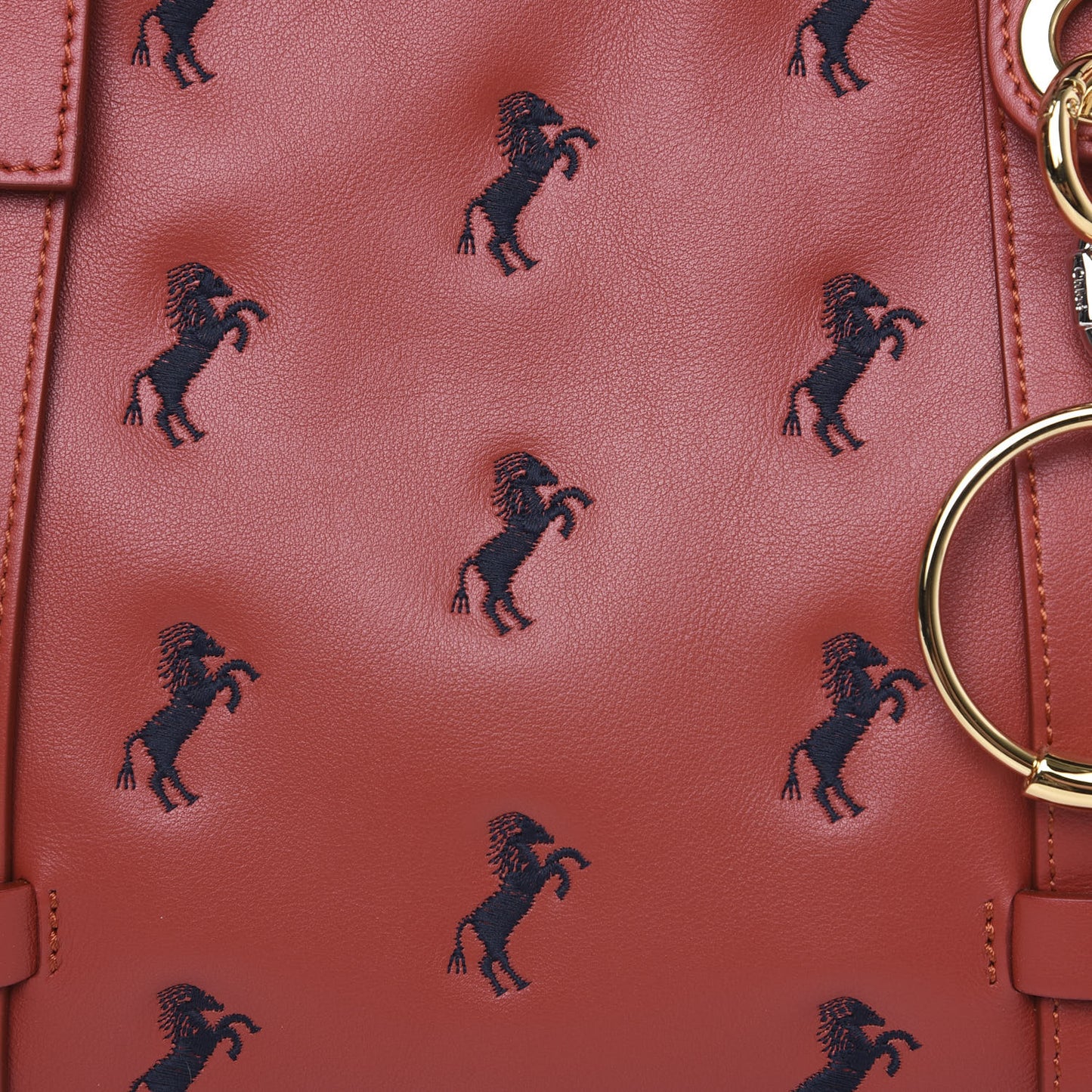 Smooth Calfskin Little Horses Embroidered Tao Zipped Tote Earthy Red