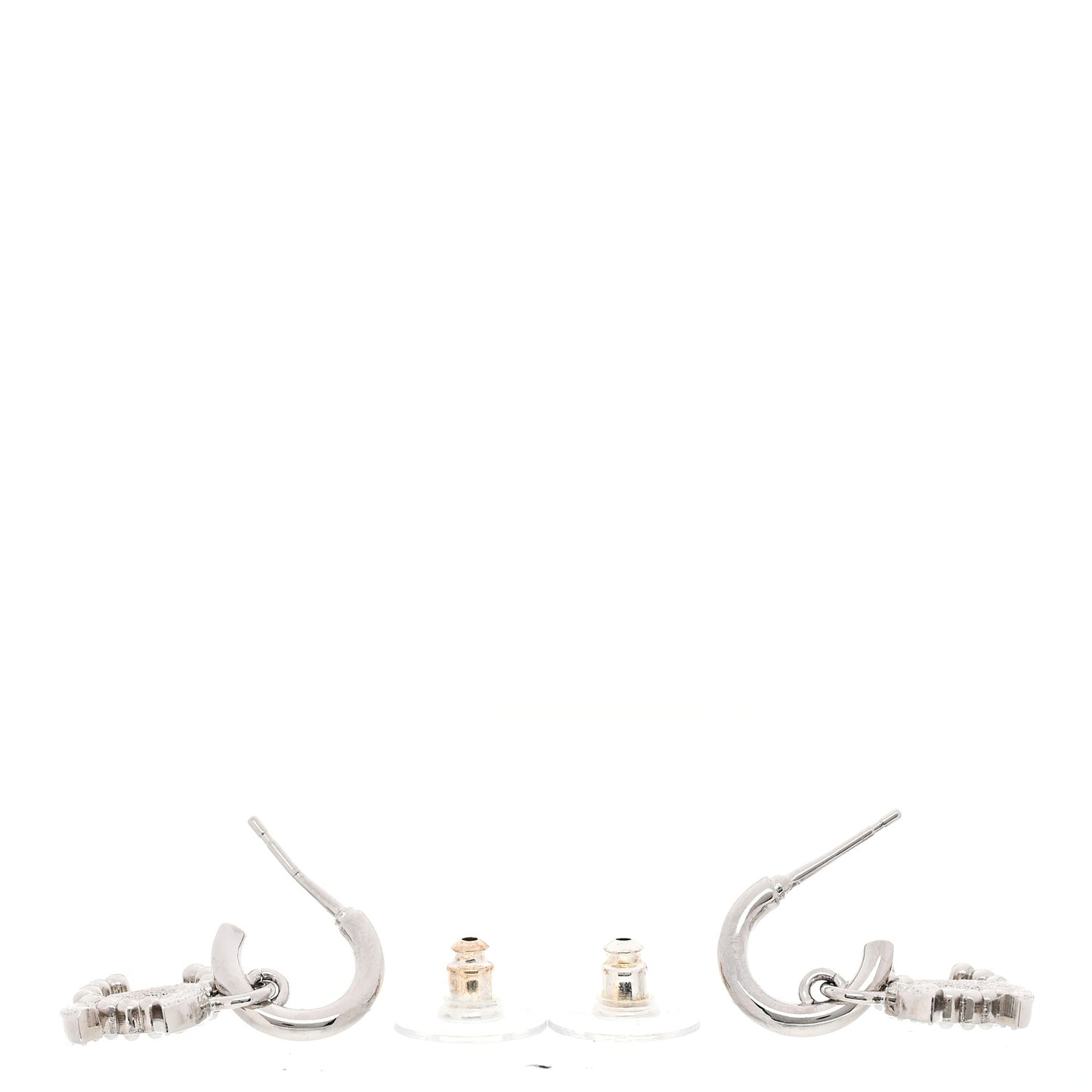 Metal Pearl Crystal CC Drop Earrings Silver