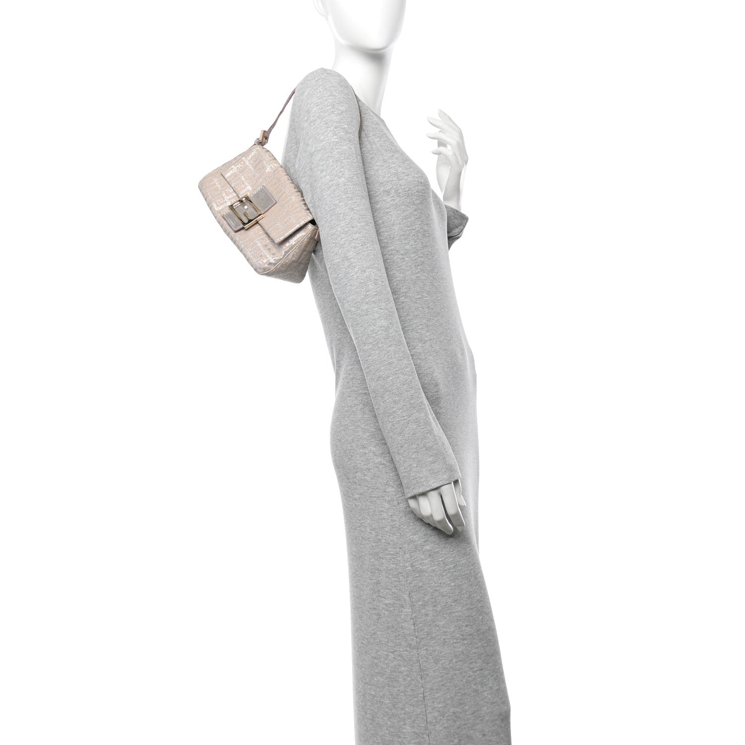 Fendi Metallic Jacquard Zucchino Suede Mini Mama Baguette Cipria Argento Grigio 2 of 14