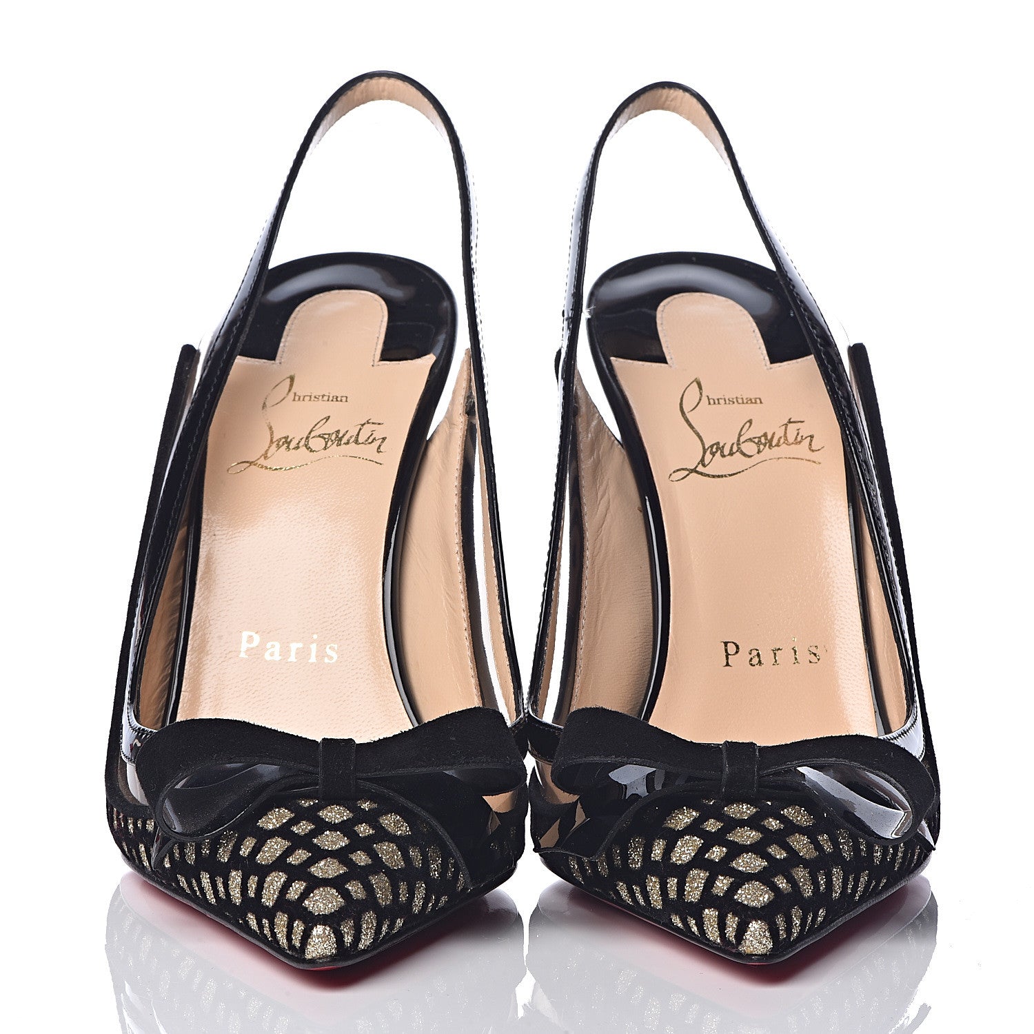 Christian Louboutin Glitter Floque Patent PVC Suspenodo Sling 100 Pumps 36 Platine Black 2 of 8