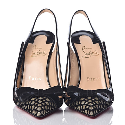 Christian Louboutin Glitter Floque Patent PVC Suspenodo Sling 100 Pumps 36 Platine Black 2 of 8
