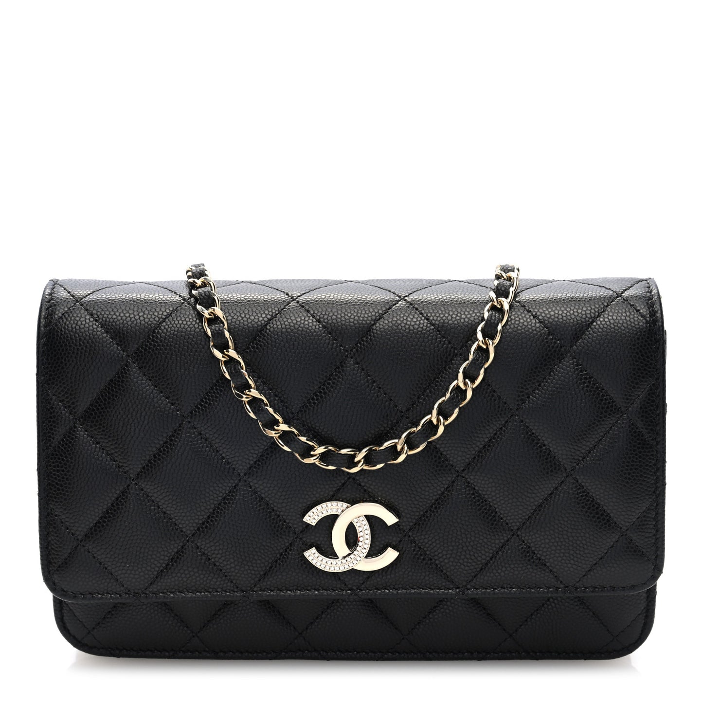 Caviar Quilted Crystal CC Wallet On Chain WOC Black