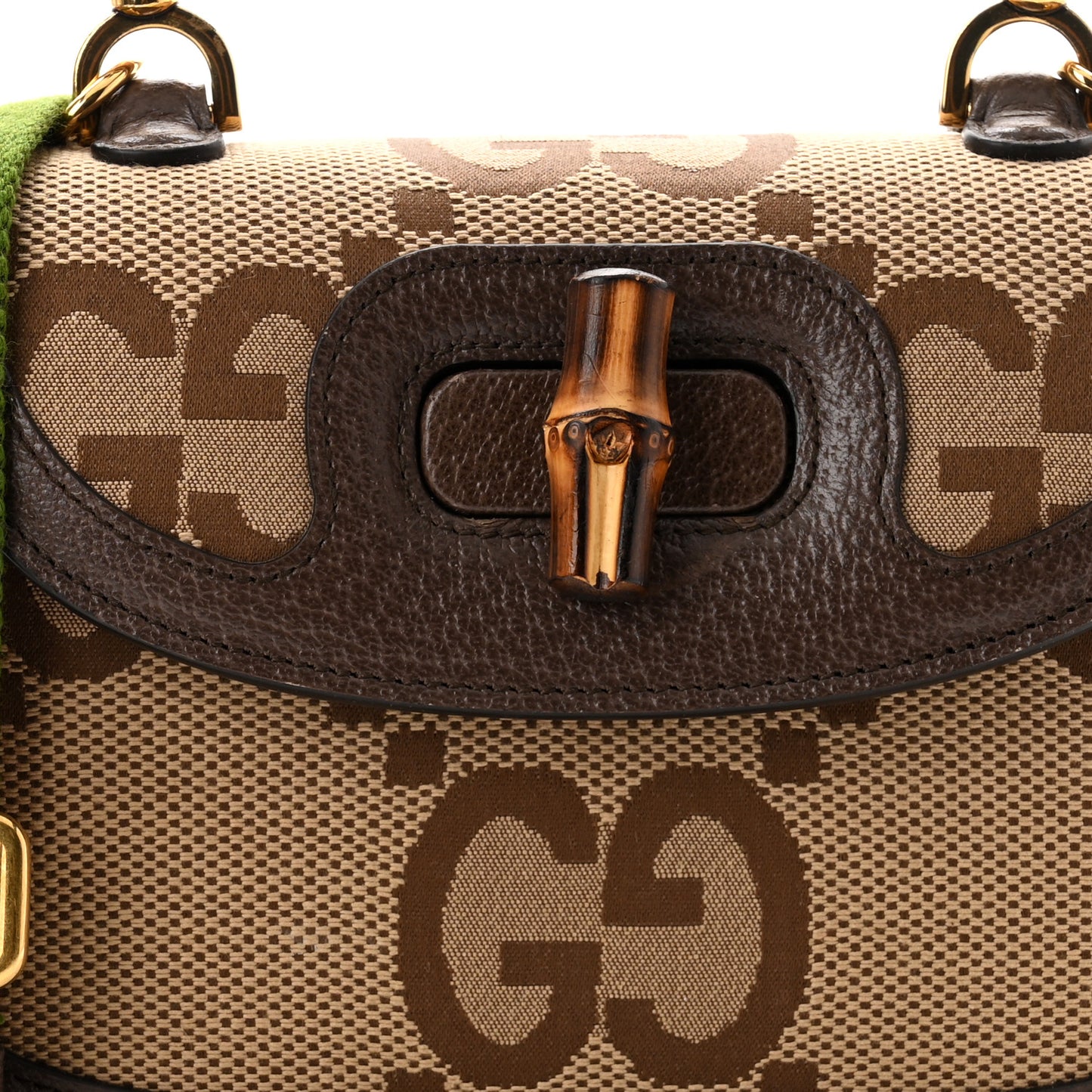 Monogram Jumbo GG Textured Dollar Calfskin Web Small Bamboo 1947 Top Handle Bag Camel Ebony New Acero