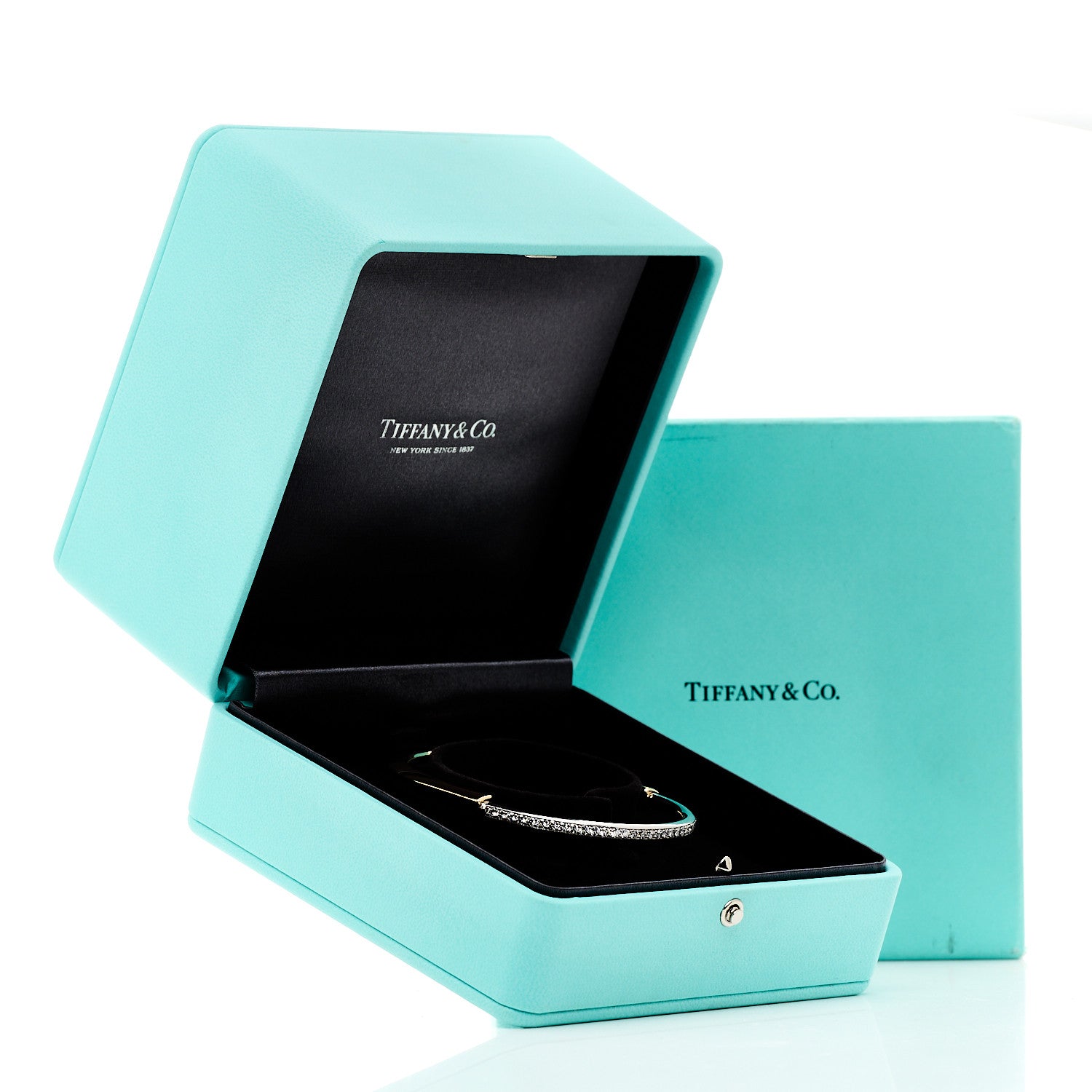 Tiffany 18K Yellow White Gold Diamond Tiffany Lock Half Pave Bangle Bracelet 13 of 13