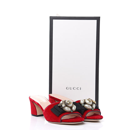 Gucci Velvet Etoile Pearl Embellished Mid Heel Slide Sandals 35 Black Hibiscus Red Blue Agata 9 of 9