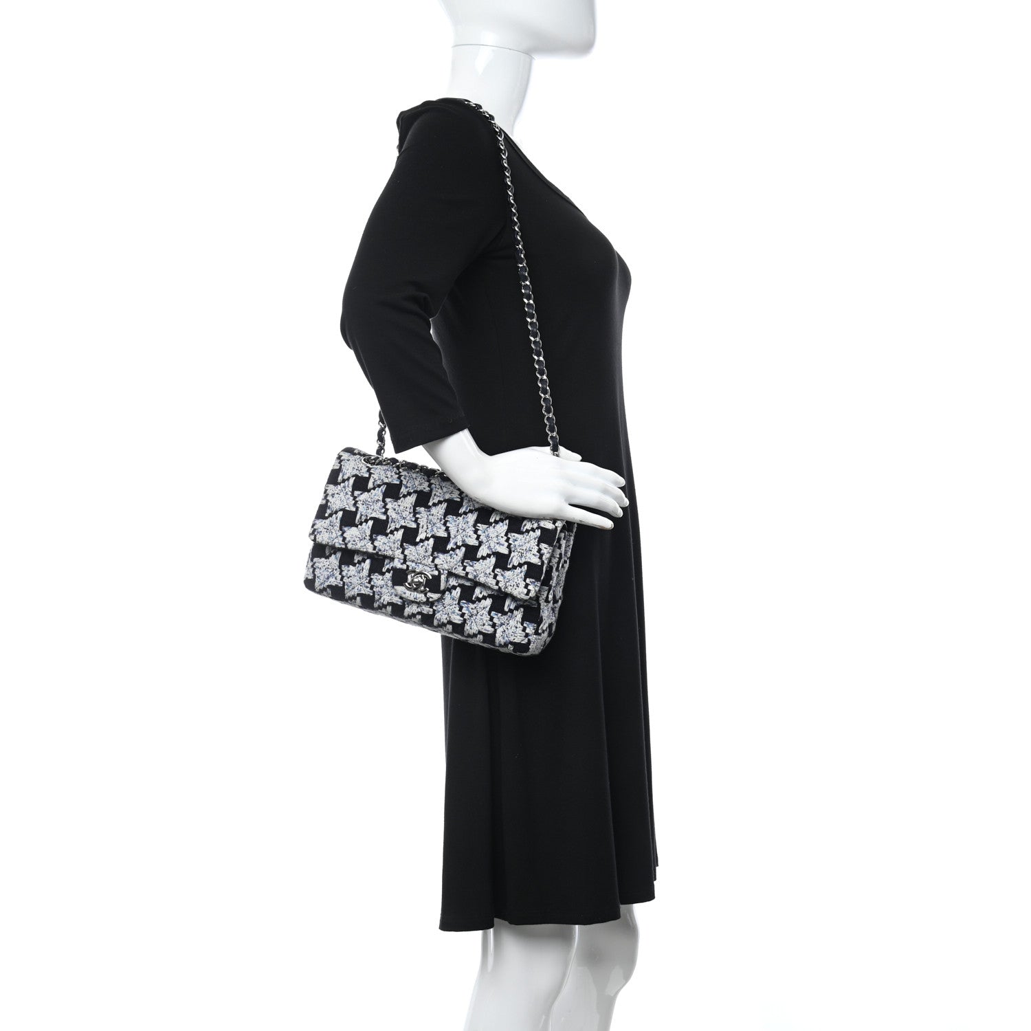 Chanel Tweed Quilted Medium Double Flap Black White Light Blue 2 of 12