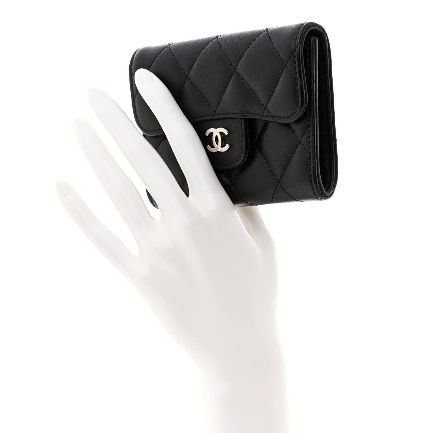 Lambskin Quilted Flap Card Holder Wallet Black