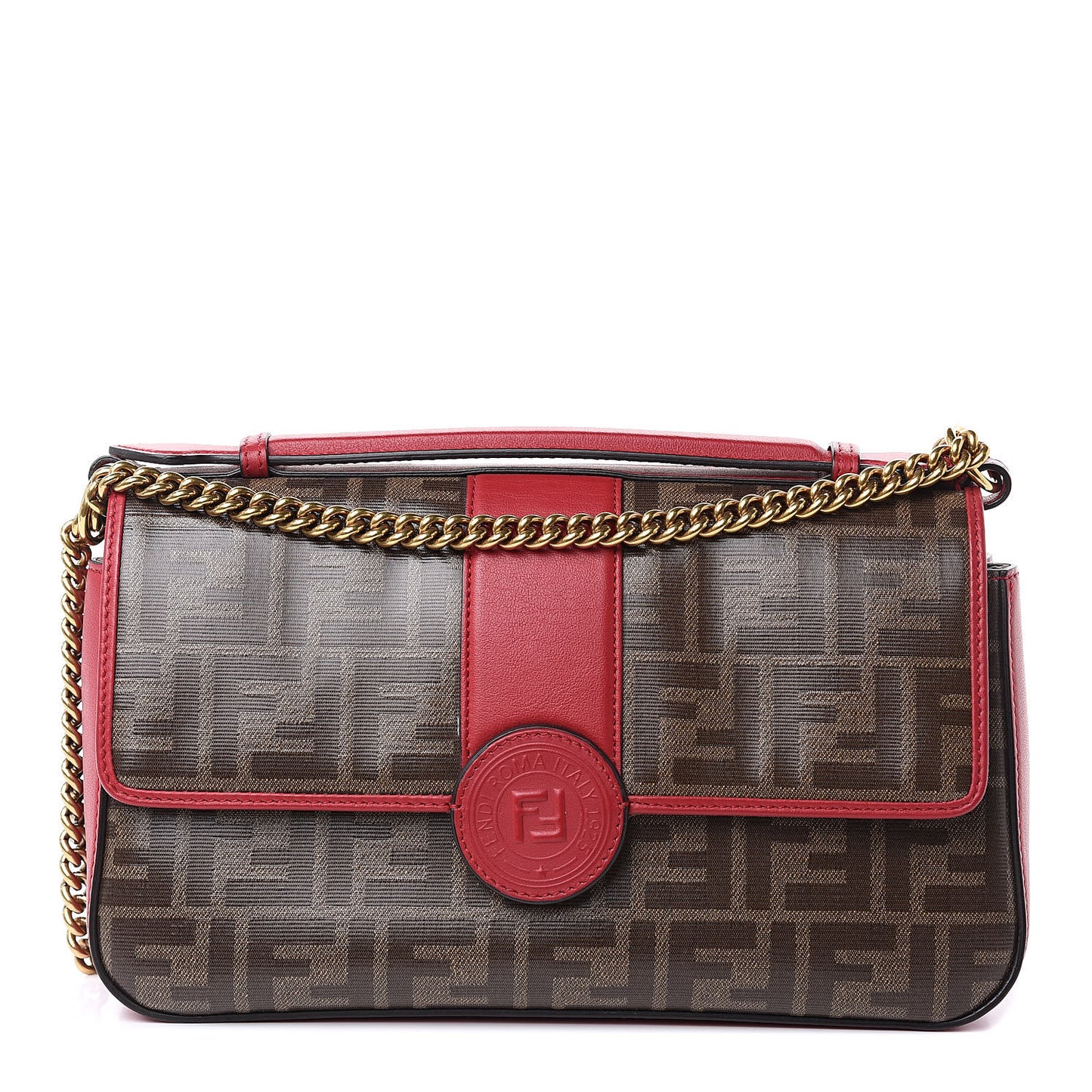 Vitello Grace Glazed Fabric FF 1974 Double F Shoulder Bag Fragola Mogano Panna