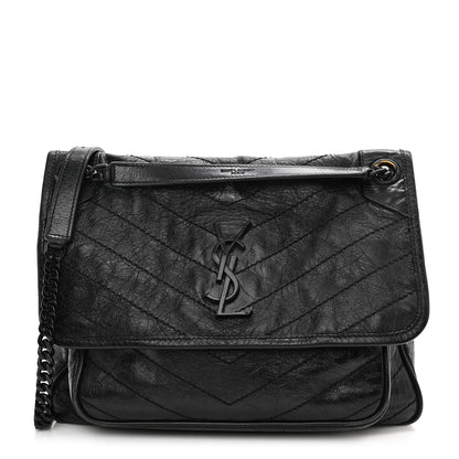 Saint Laurent Crinkled Calfskin Matelasse Monogram Medium Niki Chain Satchel Black 1 of 23