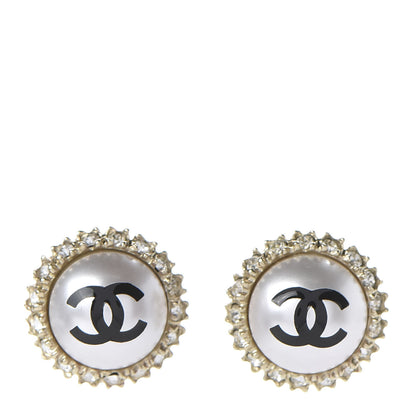 Chanel Crystal Pearl CC Round Earrings Gold Pearly White Black 1 of 5