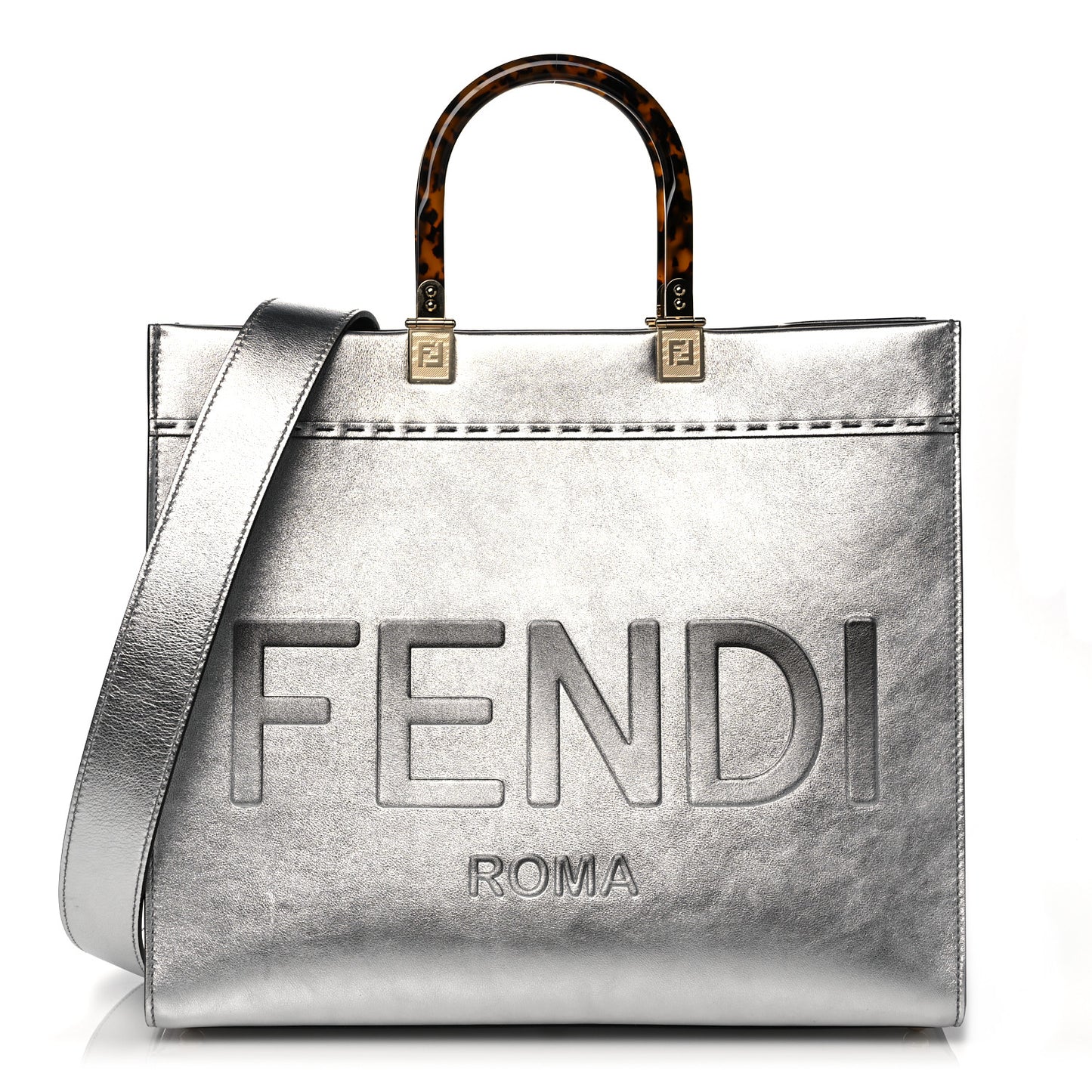Vitello Catalan Mirror Plexiglass Logo Embossed Medium Fendi Sunshine Shopper Tote Argento
